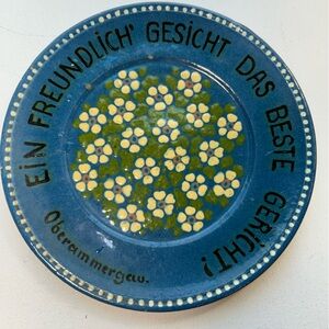 Vintage handmade ceramic pottery plate flowers blue & yellow German plate signed